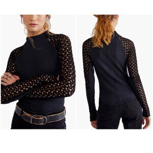 FREE PEOPLE Celmente Lace Sleeve Mock Neck Top